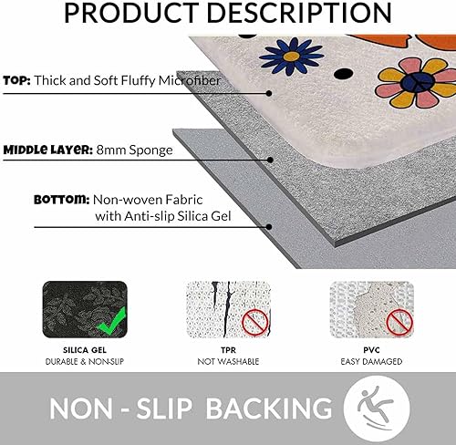 Miniatura 6 de Seventies - Alfombras retro de baño para baño, diseño de flores hippie en círculo, alfombra de baño de franela duradera para lavandería y decoración