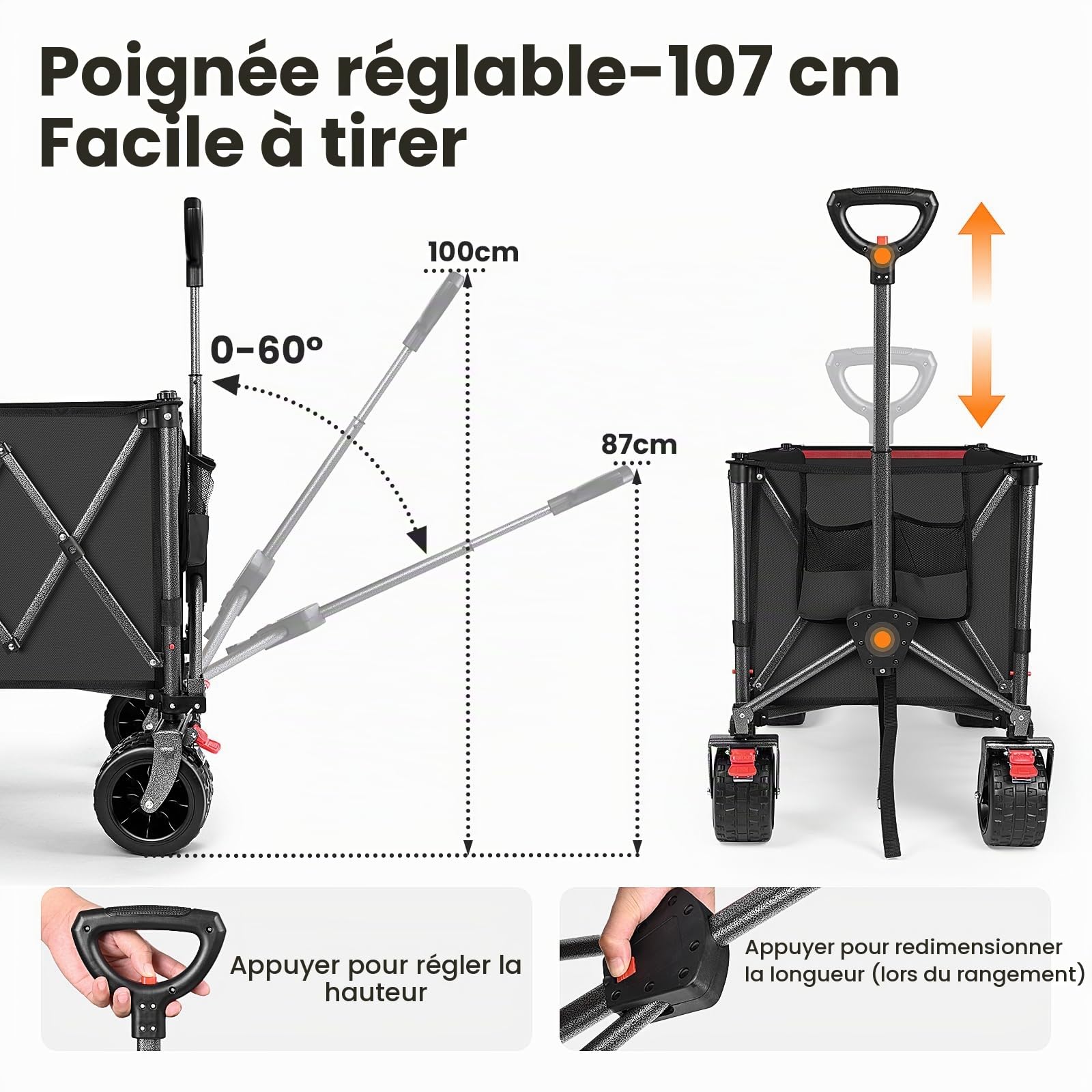 YEAUPE PRO Chariot Pliable 260L 250KG, Roues Larges Tout-Terrain 17cm, Noir