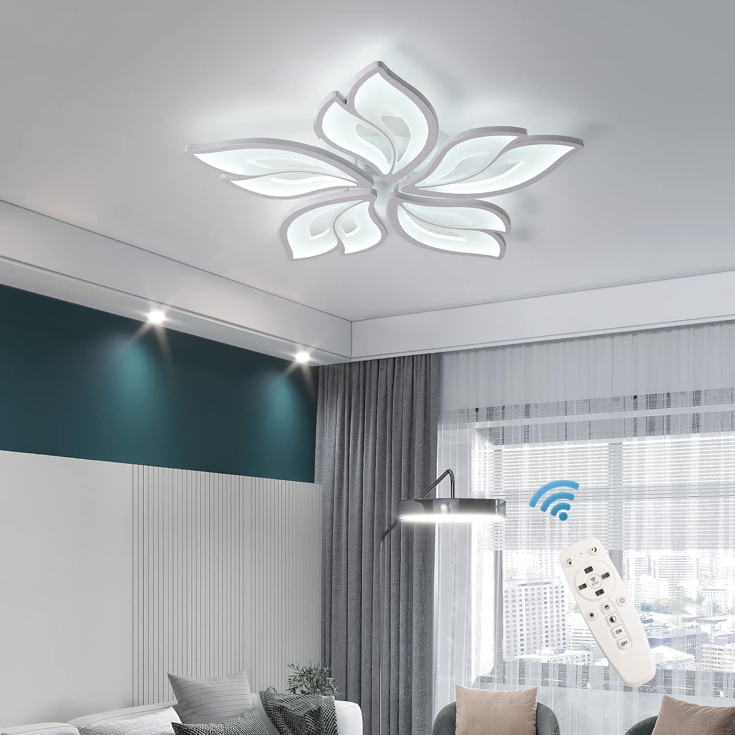 Becailyer Modern Ceiling Light, 60W Dimmable LED Ceiling Lamp Remote Control, 23.6" Acrylic Leaf Flush Mount Chandelier Ceiling Light Fixture for Living Room Bedroom Dining Room
