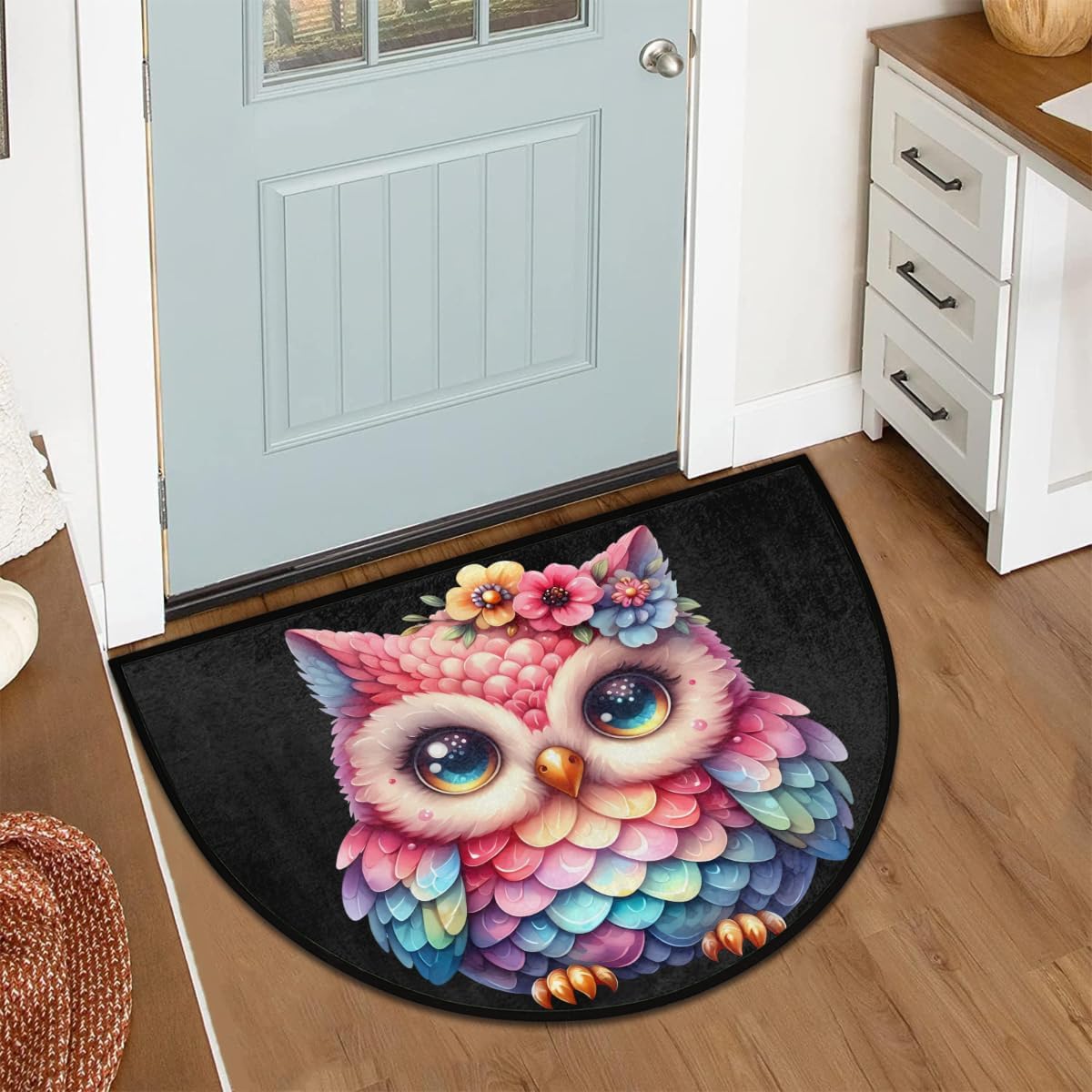 Half Round Door Mat Color Animal Owl Semi Circle Area Rug Washable Half Moon Bathroom Rugs Entryway Rug for Indoor Outdoor Kitchen Hearth Fireplace Floor Welcome Carpet Low Profile