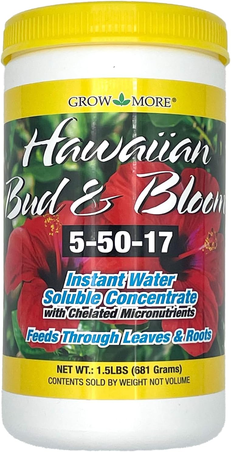 Grow More Urea-Free Hawaiian Bud and Bloom 5-50-17 Fertilizer - 1.5lb of Water Soluble Bloom Booster Fertilizer for Flowers - High Phosphorus Flower Food for Enhanced Bud Formation & Vigorous Blooms