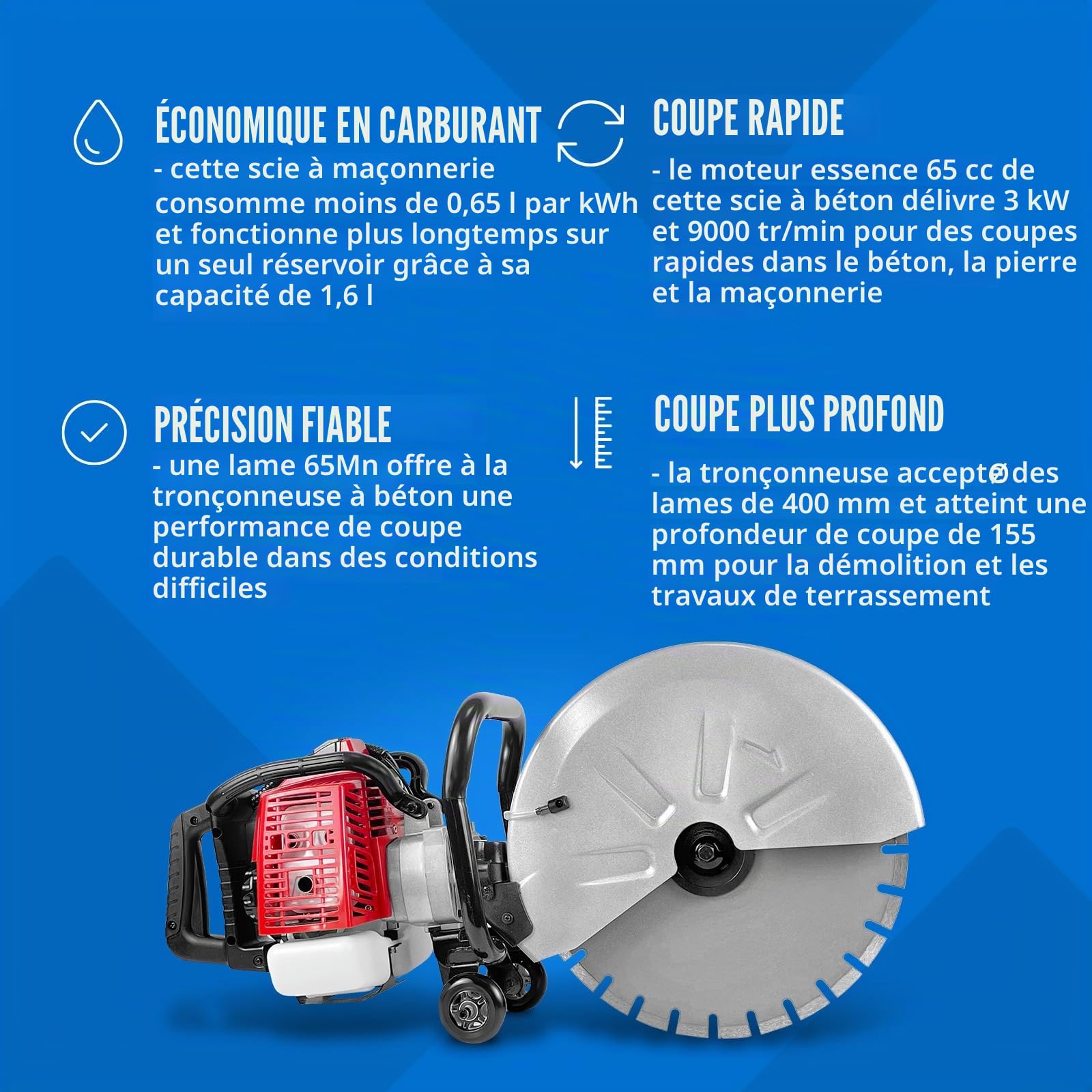 MSW Scie à béton - thermique - 3 000 W - profondeur de coupe 155 mm Découpeuse à disque Tronçonneuse à béton