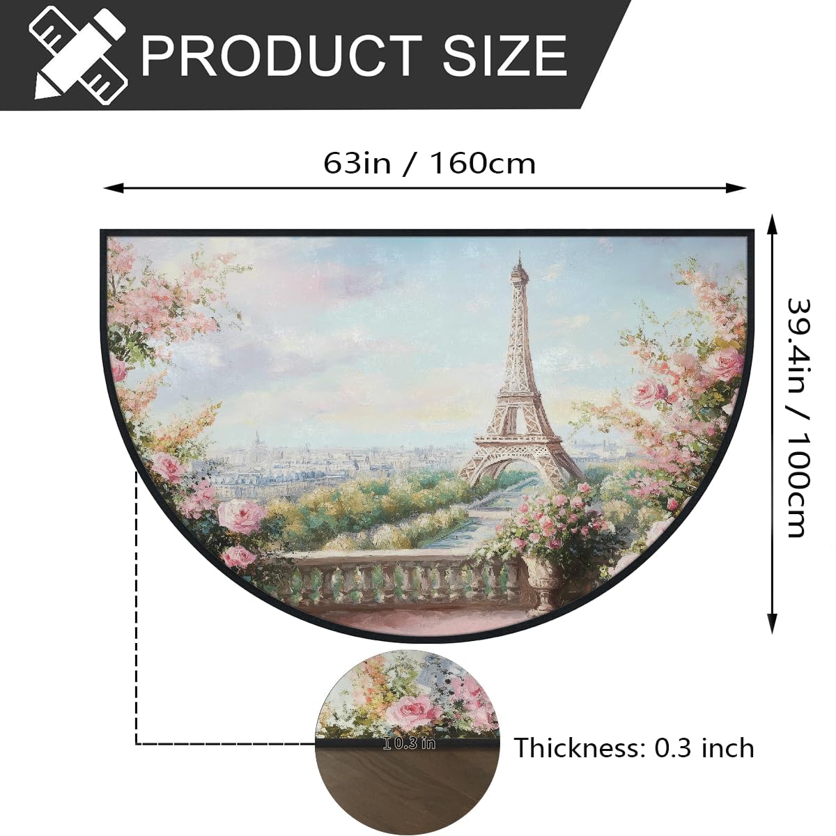 Mexpekil Paillasson demi-lune pour intérieur et extérieur - Motif paysage parisien - Antidérapant - Lavable - Absorbant la saleté - Demi-rond - 100 x 160 cm