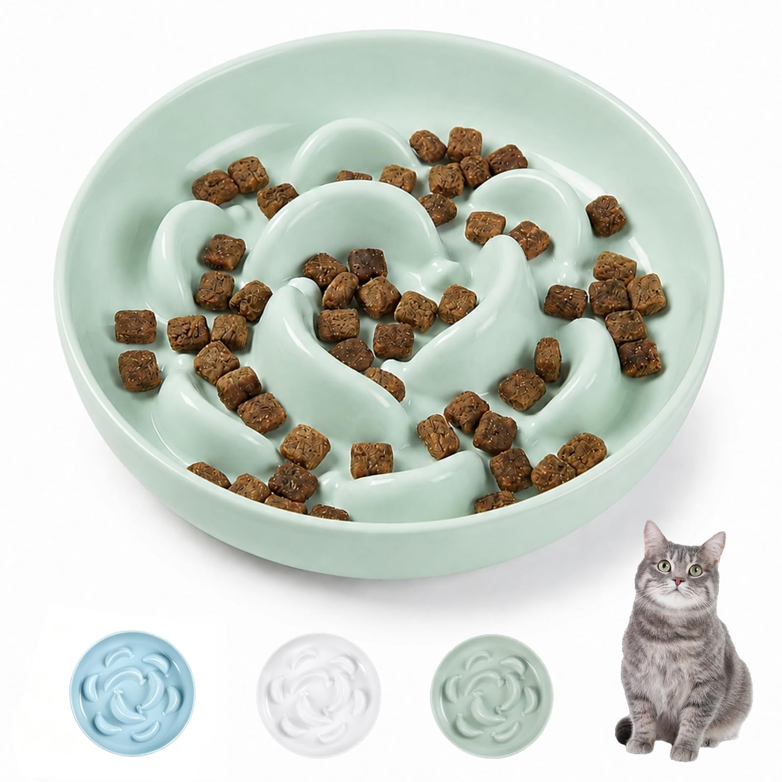 Melamine Cat Slow Feeder Bowl - Pastel Series Cat Plate for Dry and Wet Food - Cute Maze Feeder Dish for Healthy Eating - Dishwasher Safe - 6.3''W x 1.2''H - 7 OZ - Mint Green โ image 1