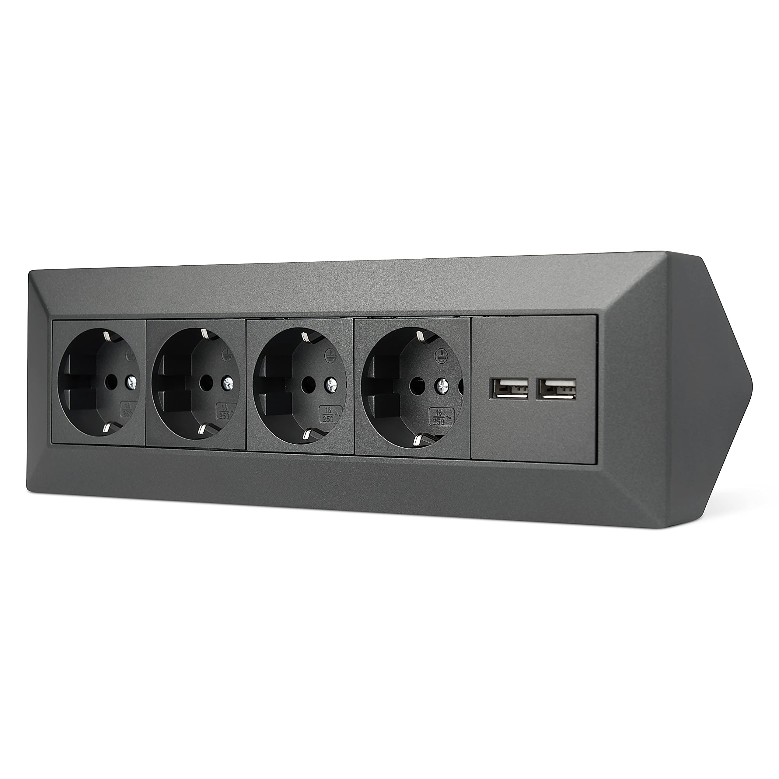 Trano Furniture Socket 4-Way 2x USB for Kitchen and Office - Corner Socket in Anthracite Made of Plastic Ideal for Worktop, Table Socket or Undermount Socket with 4 Socket Element