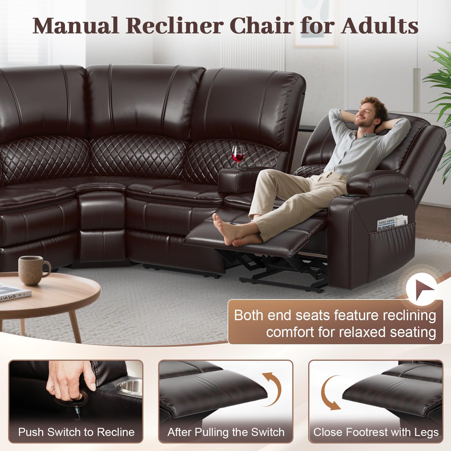 4-Seat Manual Reclining Sectional Sofa Brown Leather USB Charging Thick Padding Sturdy Frame