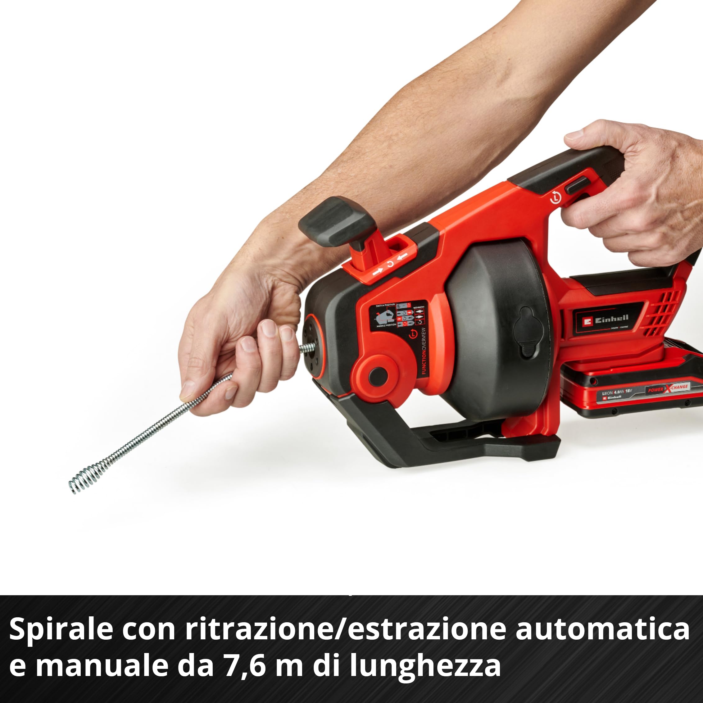 Einhell Detergente per tubi a batteria TE-DA 18/760 Li-Solo Power X-Change (18 V, Li-Ion, spirale di pulizia lunga 7,6 m, adatto per tubi di diametro 16-55 mm, fornito senza batteria e caricatore)