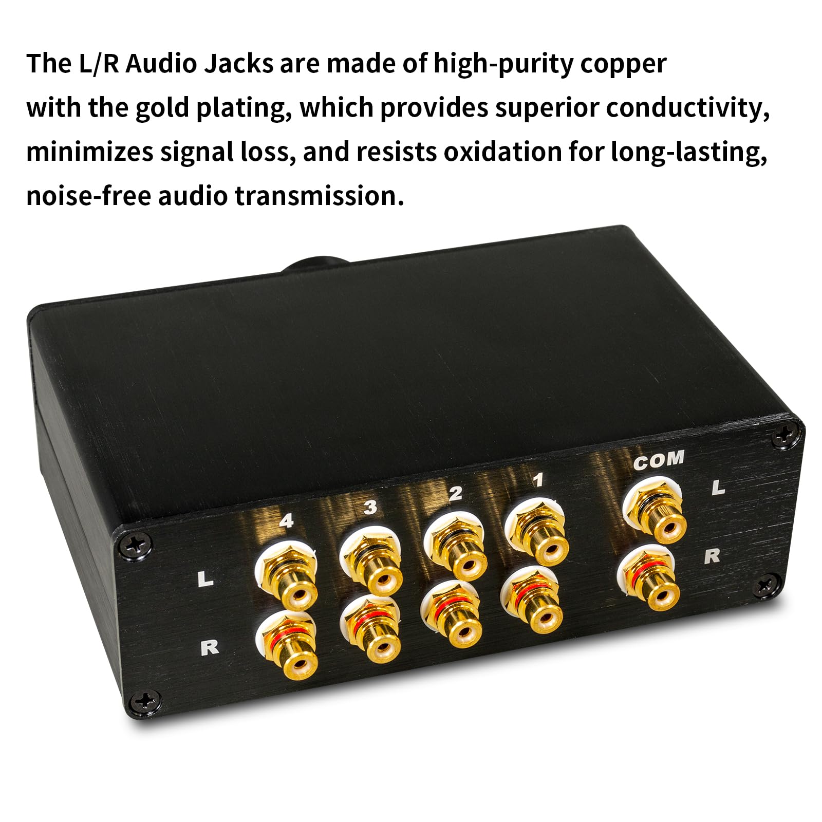 Conmutador pasivo de audio estéreo L/R de 4 vías, salida 4 en 1 y 1 en 4 salidas, señal sin ruido para sistema de alta fidelidad, tocadiscos, PC, reproductor de CD, aluminio