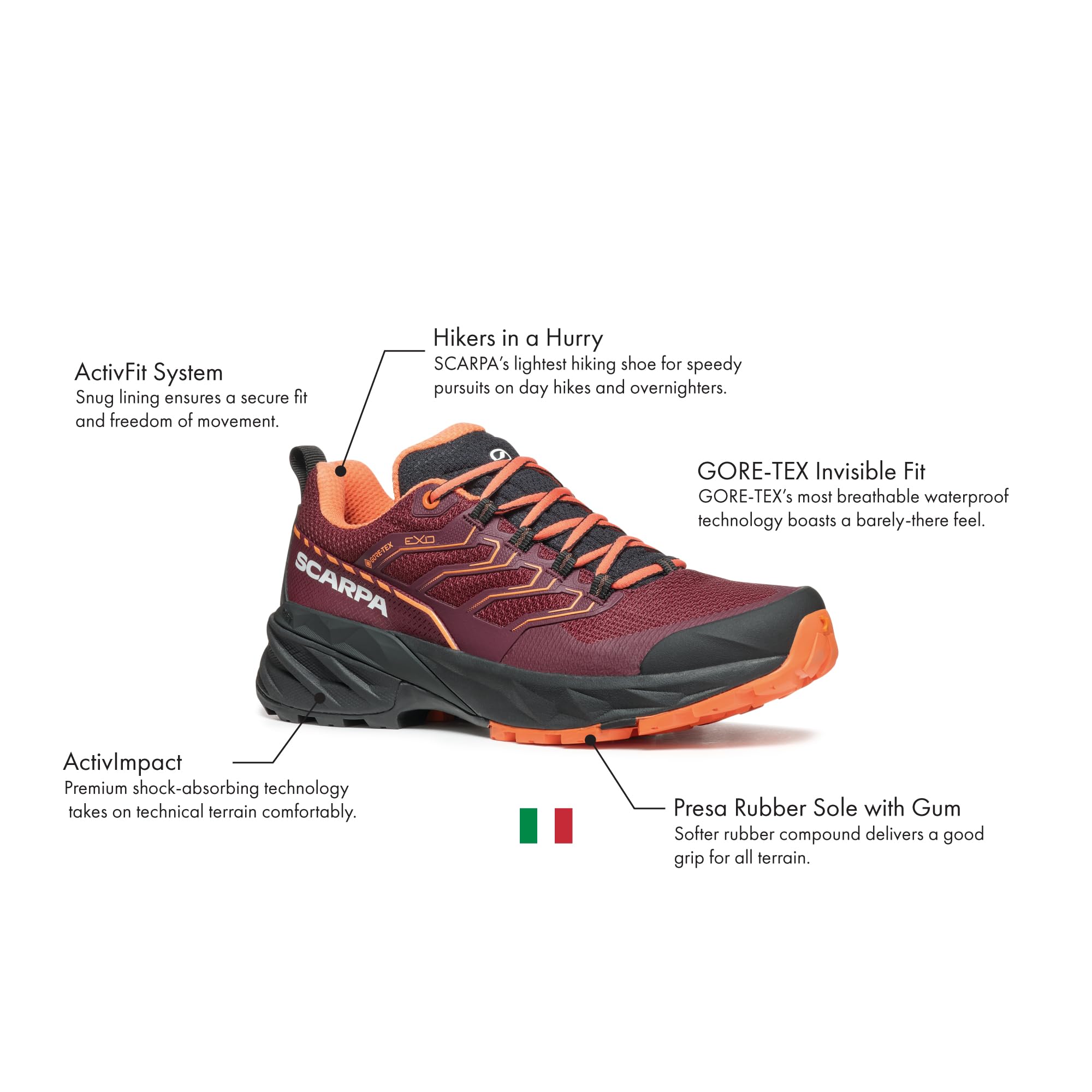 Scarpa Damskie buty Rush 2 GTX Gore-Tex wodoodporne do wędrówek, Bordowy / zakurzony pomarańczowy, 38.5 EU