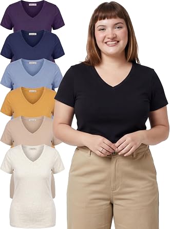 Emmalise Women's Plus Size Short Sleeve V-Neck T-Shirt, Premium Light Stretchy Cotton Blend 6-Pack Bundle Bargains, 1XL - 3XL