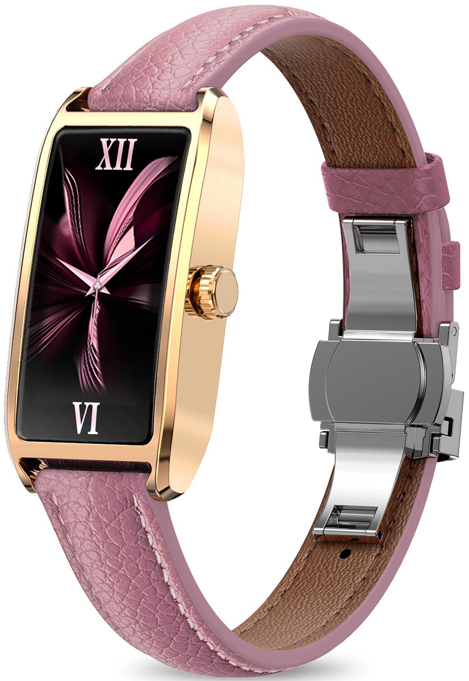 Fitness Tracker Mujer Elegante Smartwatch con Monitor de Sueño Frecuencia Cardíaca Podómetro Contador de Calorías Ciclo Menstrual Relojes de Lujo para Mujeres Cuero Rosa Smartband