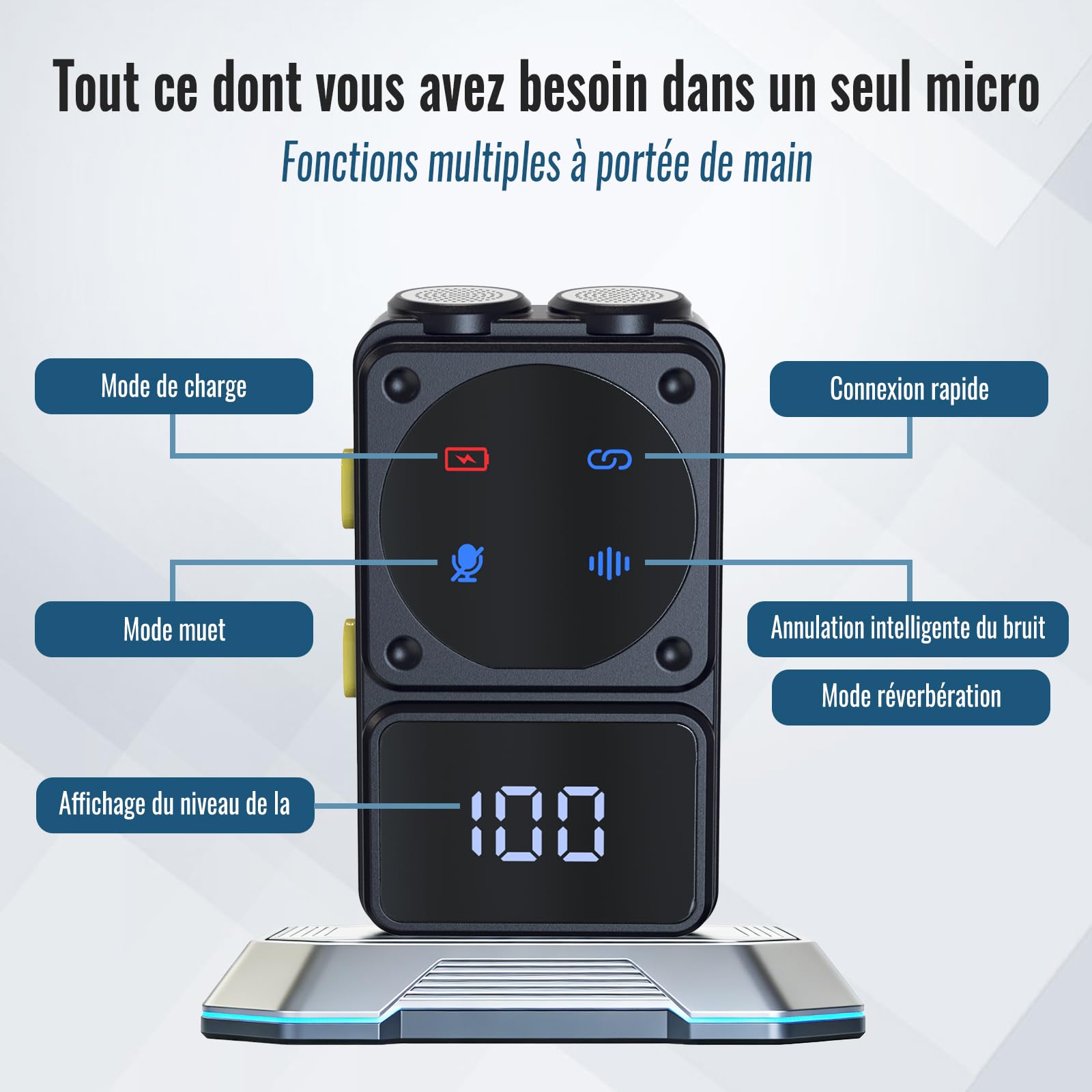 Micro Cravate sans Fil Compatible avec Les Smartphones iOS et Android, Autonomie 45H, Portée 50M, avec Écran Numérique et Boîtier de Charge, Réduction du Bruit par 2 Micros, Idéal pour Vlog