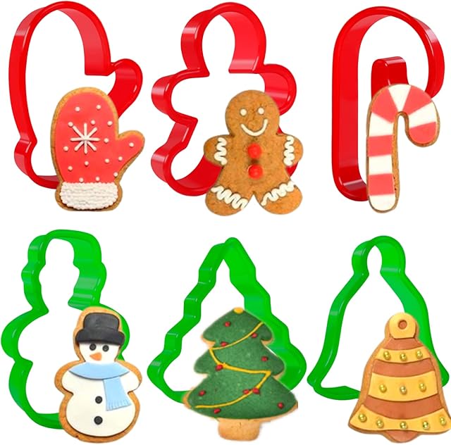 Crethink Christmas Cookie Cutter-6 Pcs Plastic Cookie Cutter Set,Gingerbread Man,Christmas Tree,Snowman,Candy Cane,Gloves,Bell Shaped Biscuit Cutters for Kids-Christmas Cookie Moulds.