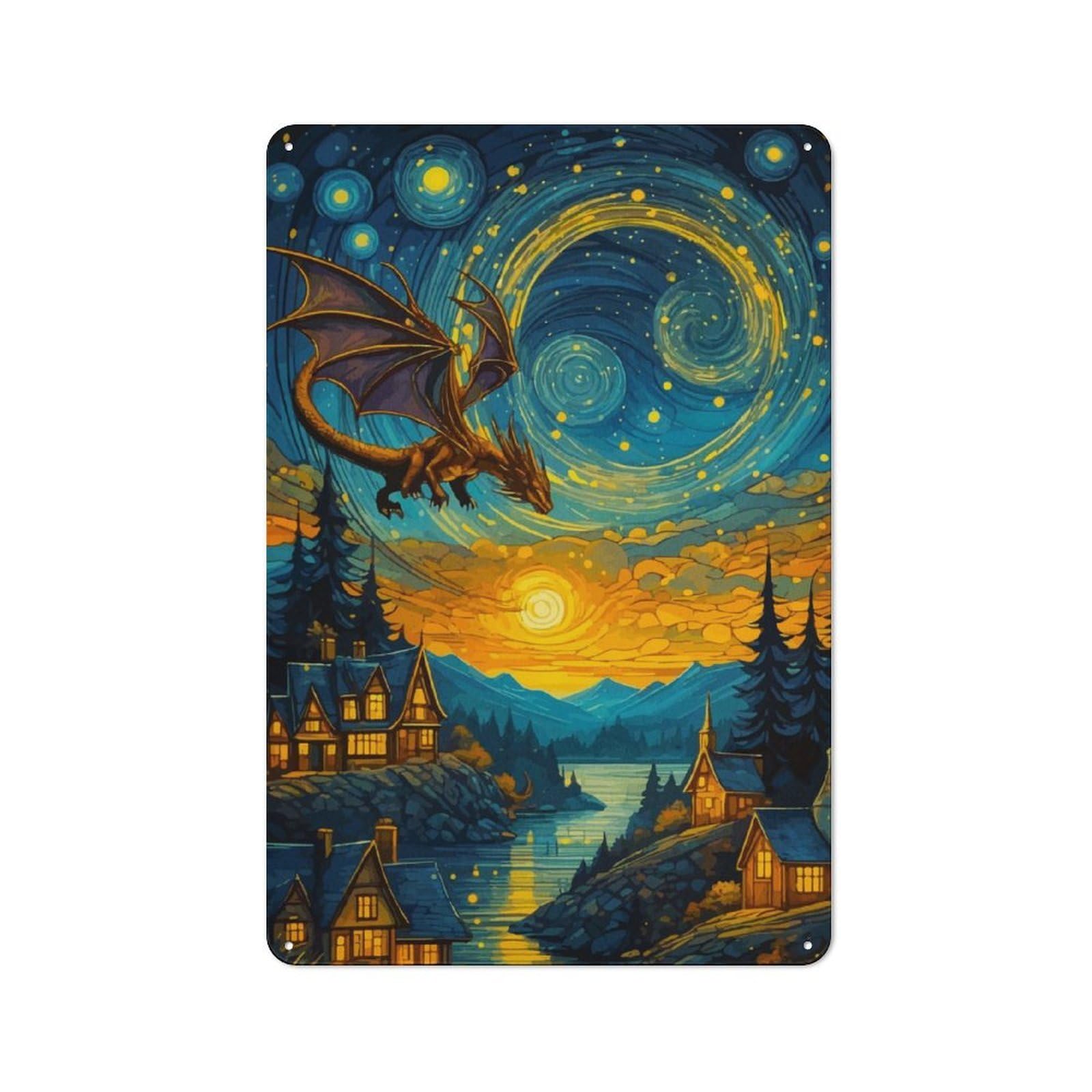 Junmoney Dragon In Starry Night Workshop Style Tin Sign 30X20cm, Industrial Wall Art For Garage, Hobby Room, Office Or Man Cave