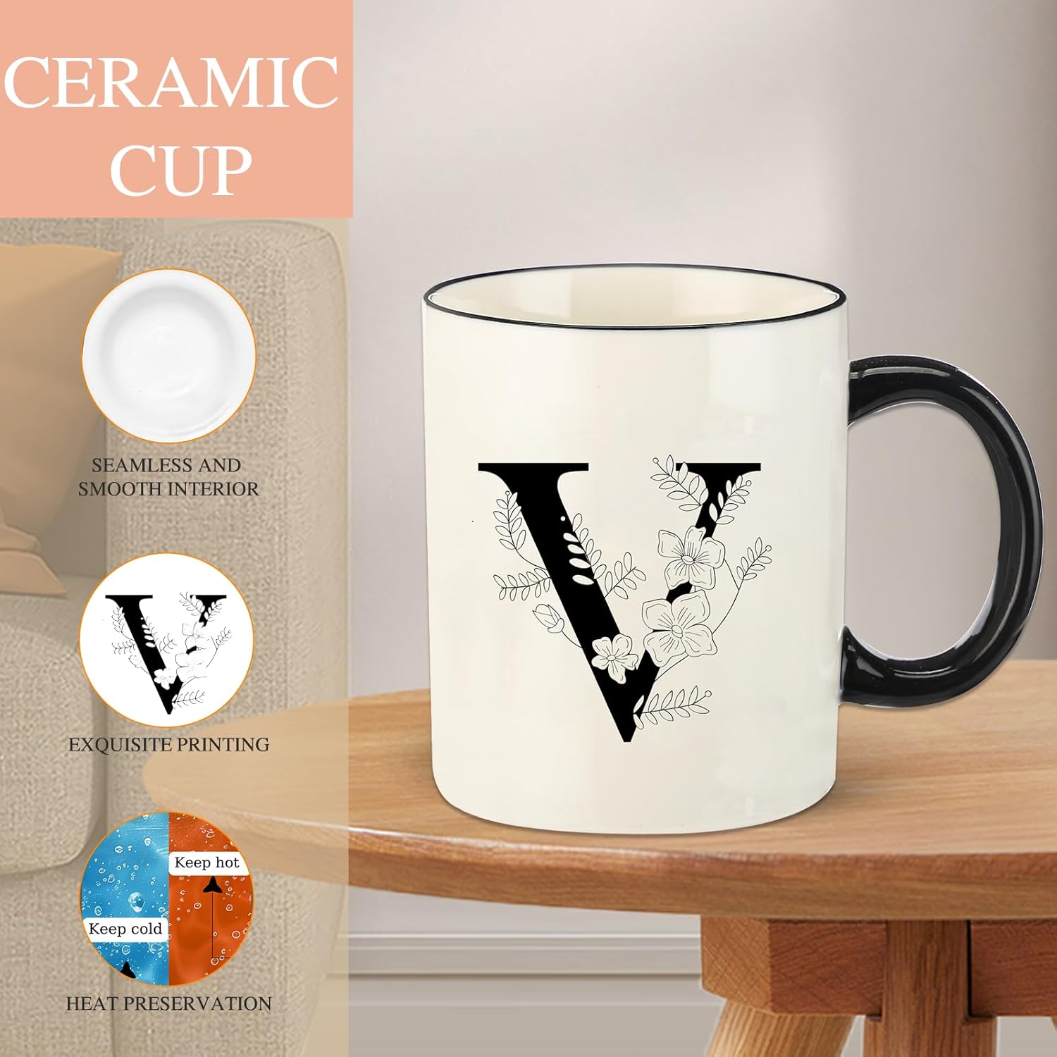 Monogram Ceramic Coffee Mugs, 11 oz Initial Drinking Cup with Gift Box, Unique Birthday Valentines Day Gifts for Women Wife Mothers Day Grandma Mom Aunt, V - Image 2
