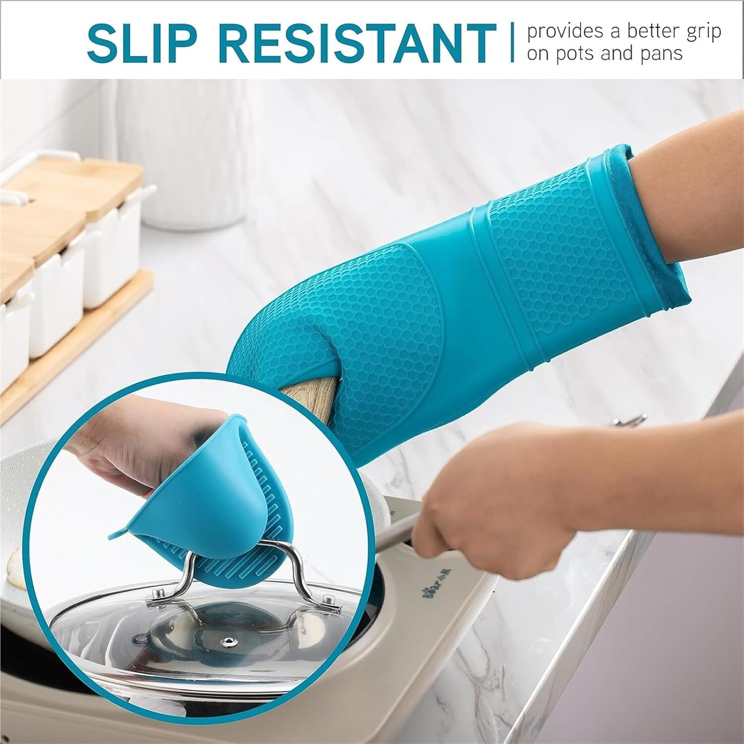 Heat Silicone Oven Mitts with Soft Quilted Lining for Cooking and BBQ, Teal Set