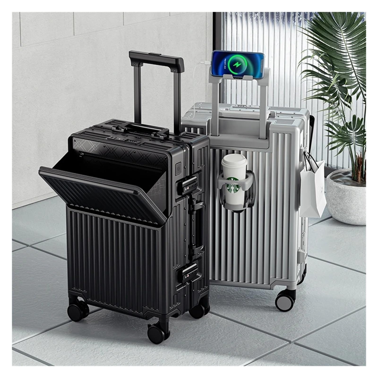 Valigia da viaggio con apertura frontale Materiale PC, M, 20Inches 500mm, Classico | Bagaglio di rotolamento di viaggio di carico del supporto della tazza della struttura di alluminio 50.8/61/28.1/30 pollici