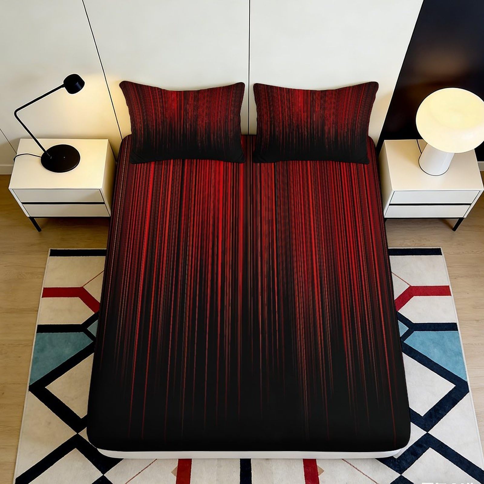 3D Printed Red Black Gradient Fitted Sheet Microfiber Soft Breathable Vertical Stripe Mattress Cover for Bedroom Dormitory Guest Room Decor Protection 120x200x25cm