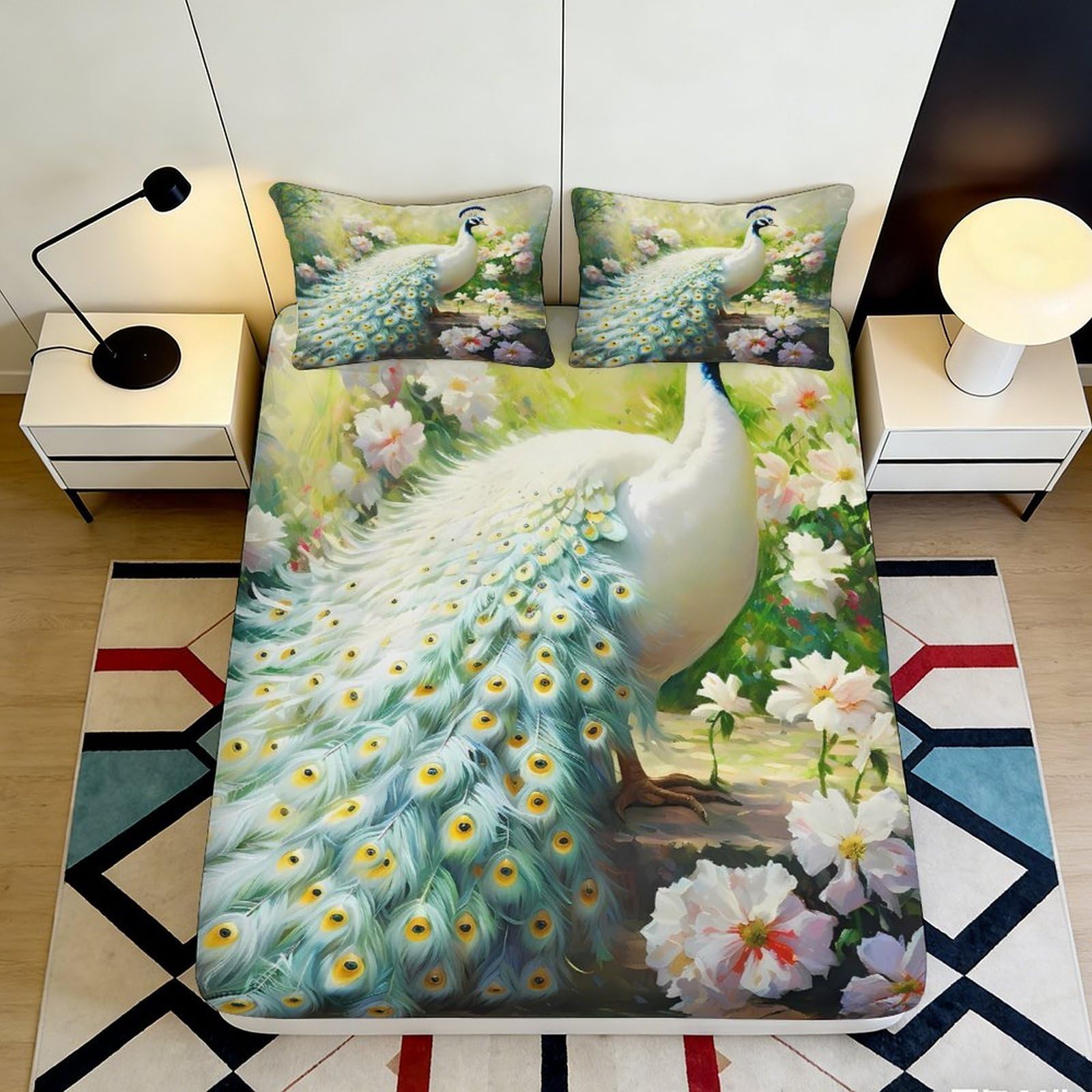 Jqzkxnhpbr Style-7 3D Printed Elegant Peacock Fitted Sheet Microfiber Blue Floral Mattress Cover For Bedroom Guest Room Decor 90X200x25cm