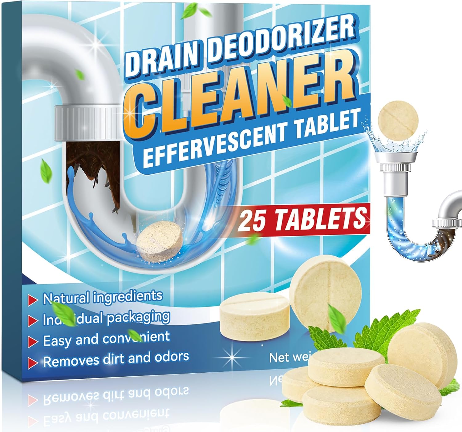 Garbage Disposal Cleaner and Deodorizer Tablets, 25 Pack Sink Cleaner Tablet, Powerful Foam Drain Cleaner, Effectively Removes Residue, Grime and Odors for Kitchen, Bathroom, Toilet, 1 Year Supply