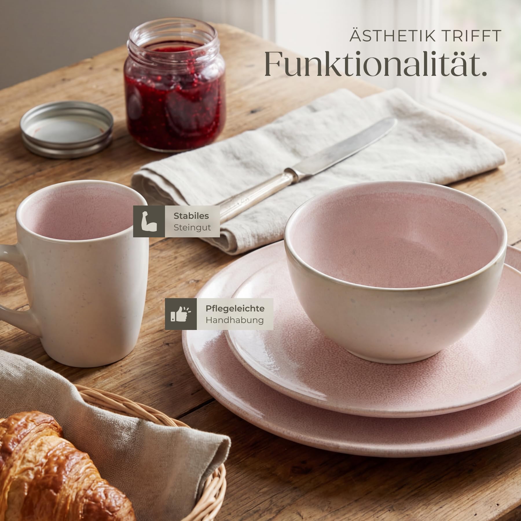 tectake® 30tlg. Kombiservice 6 Personen, Steingut Geschirrset 6 Personen, handgefertigtes Teller Set mit Schüsseln und Tassen, Geschirr Set spülmaschinen- und mikrowellengeeignet - Coral Blush