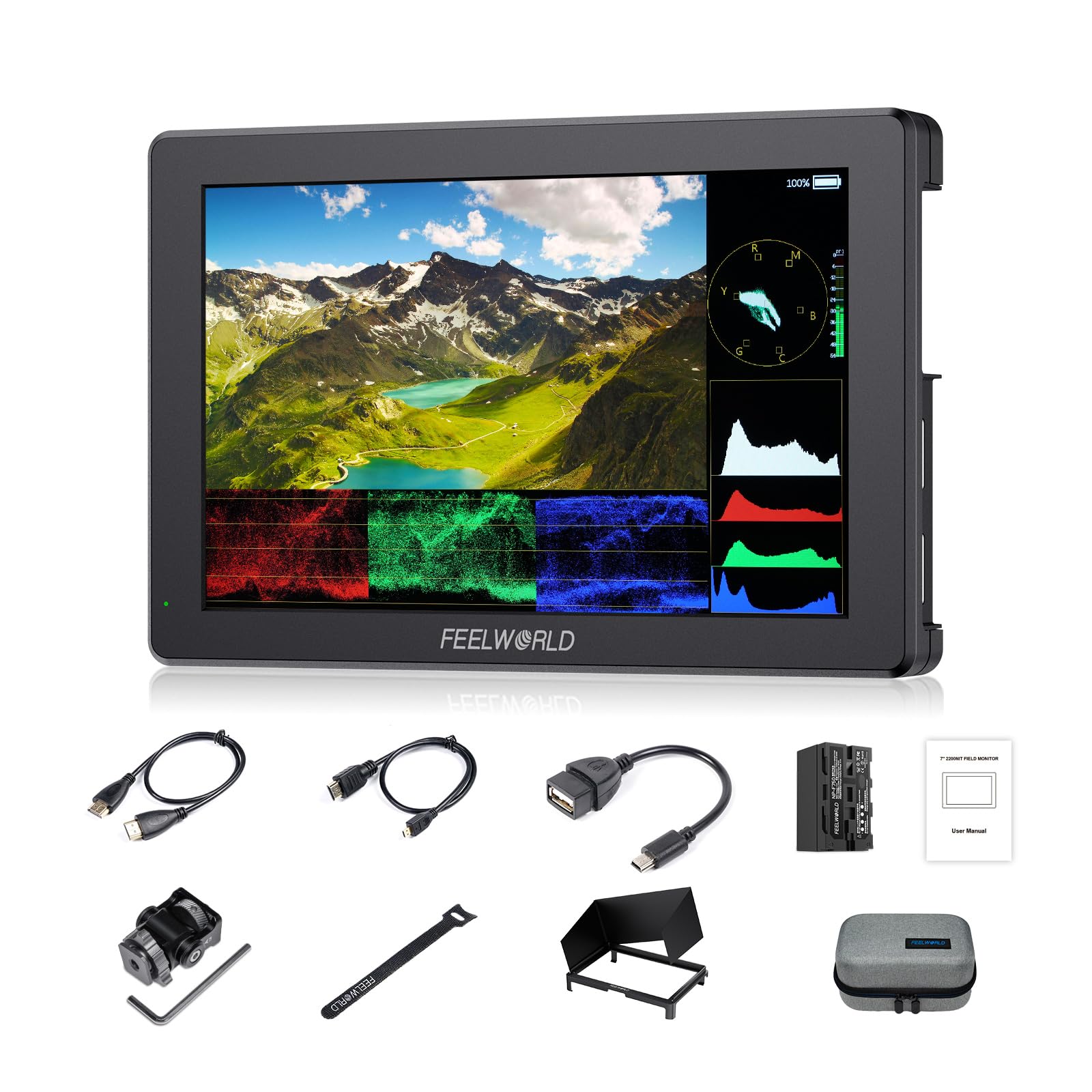FEELWORLD T7PRO Monitor per fotocamera DSLR 2000 nit da 7 pollici in alluminio con 4K HDMI2.0 Waveform HDR 3D LUTs 9:16 Marker F750 Batteria da 4400 mAh Attacco hot shoe