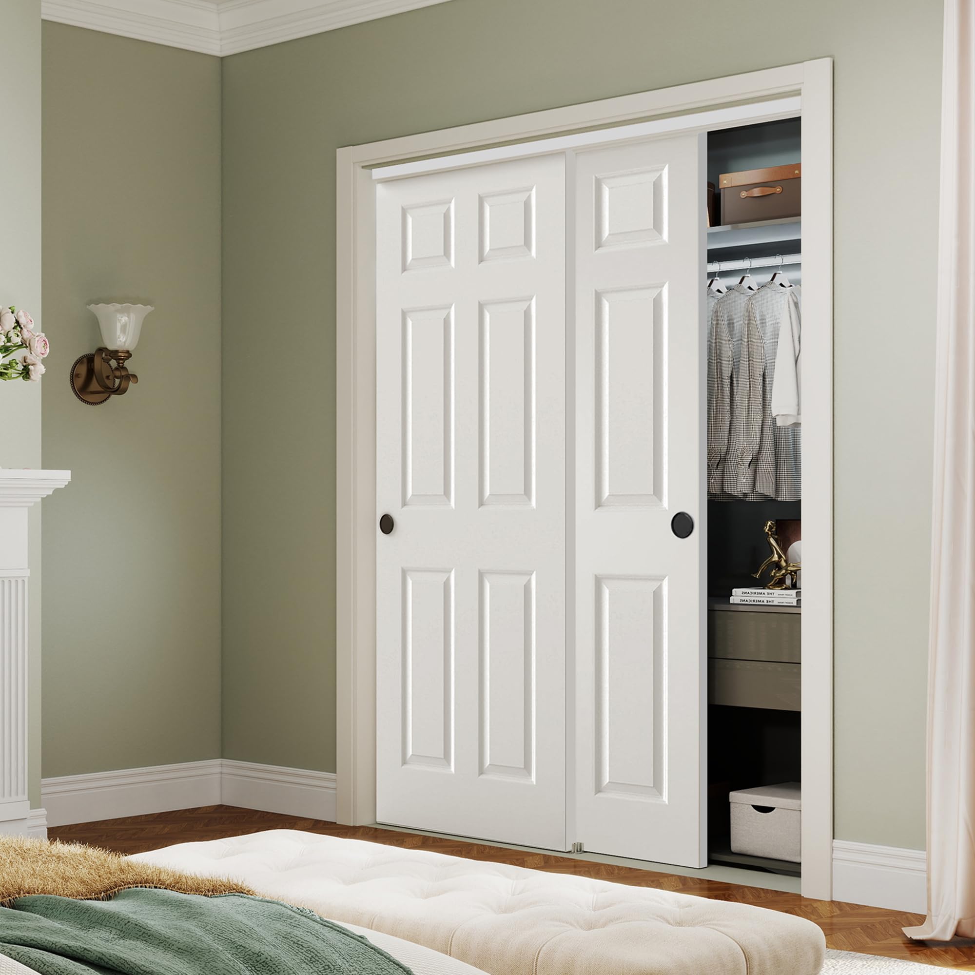 BARNSMITH 60x80 in 6-Panel Bypass Sliding Closet Door, White Primed Door Slab with Bypass Closet Track Hardware Kits, Paintable and Lightweight