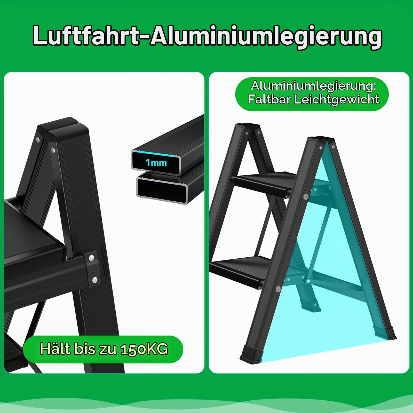 KULACO Klapptritt 2 Stufen Aluminium Leiter, Belastbar bis 150 kg, Schwarz | rutschfeste Haushaltsleiter, Tragbare Multifunktionsleiter Klappleiter für Küche, Bad, Garten und Camping