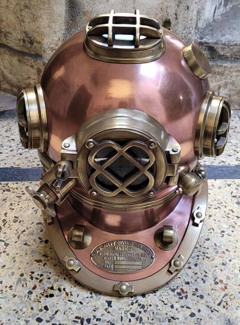 Generic US Navy Diving Helmet Mark V Deep Sea Divers Diving Helmet with Wooden Base, As Shown in image