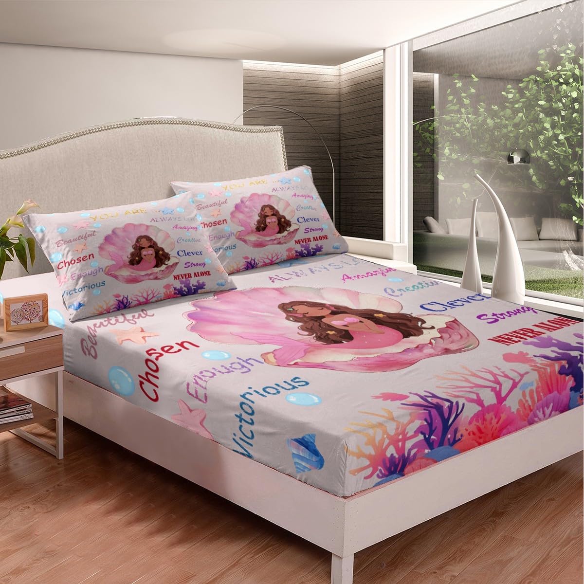 Erosebridal Black Mermaid Girl Fitted Sheet Queen for Kids Teens, Black Girls Magical Bed Sheets, African American Girly Inspirational Quotes Bedding Set, Kawaii Princess Bedroom Decor