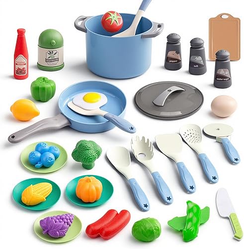 35 piezas de accesorios de juguete de cocina para niños, juego de cocina para niños pequeños con ollas, sartenes, utensilios, utensilios de cocina,