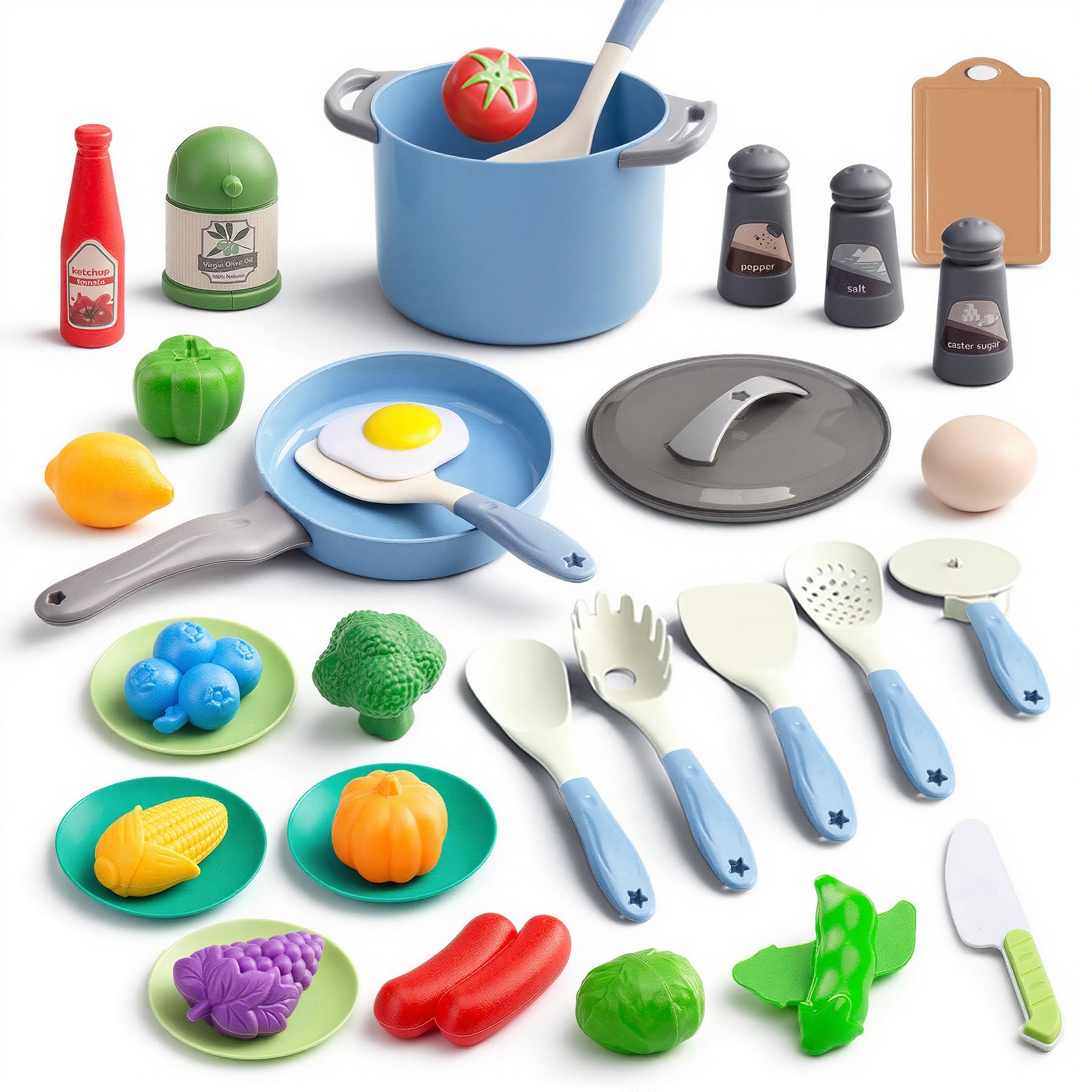 35Pcs Kids Kitchen Toy Accessories, Toddler Pretend Cooking Playset with Play Pots, Pans, Utensils, Cookware, Play Food Set, Toy Vegetables, Learning Gift for Girls &amp; Boys (Blue)