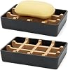 Jaboneras de bambú para ducha con drenaje, portajabón de madera para baño, bandeja fácil de limpiar, duradera y con almohadillas antideslizantes (Negro, cuadrado, individual) 1