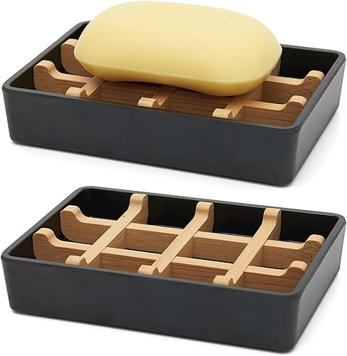 Jabonera de bambú para ducha, soporte de barra de jabón de madera para bandeja de jabón de baño, fácil de limpiar, duradera y con almohadillas