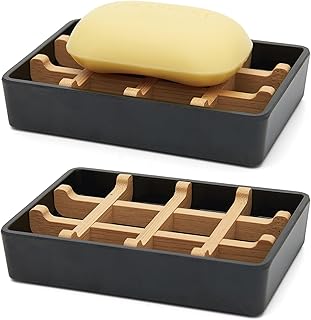 Bamboo Soap Dishes for Shower with Drainage Wooden Soap Bar Holder for Bathroom Soap Tray Easy to Clean, Durable and with Non-Slip Pads(Single Black Square)