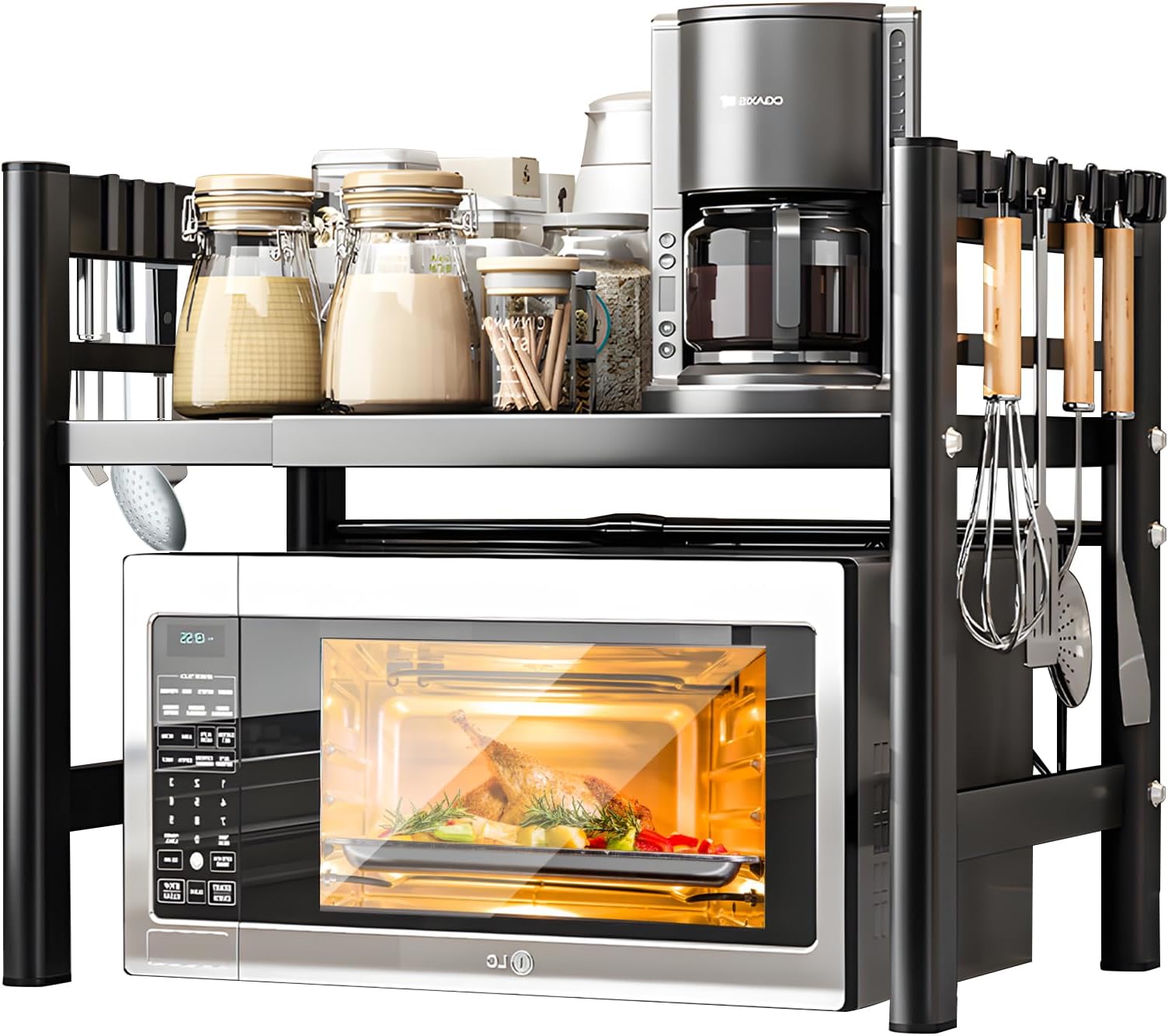 Meuble Rangement Cuisine Support Four Micro-Ondes 3 Niveaux Extensible Avec Crochets