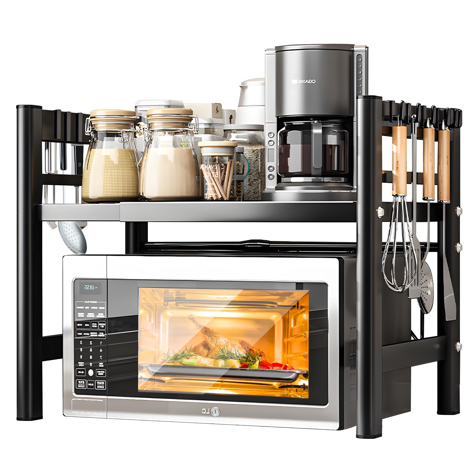 Extendable 2 Tier Microwave Stand, 6 Hooks for Oven Cook, Kitchen Countertop, 37-61 cm, Black