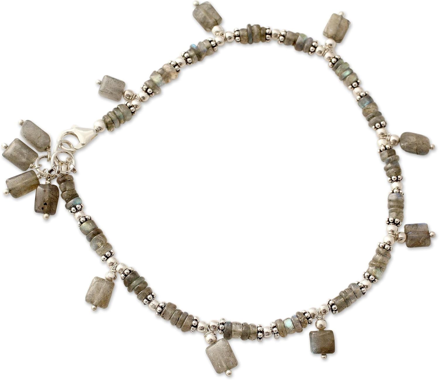 NOVICA Artisan Handmade Labradorite Anklet Sterling Silver Grey Beaded India [9.5 in min L x 9.75 in max L x 0.2 in W Pendant(s) 0.4 in L x 0.2 in W] ' Intuitive'