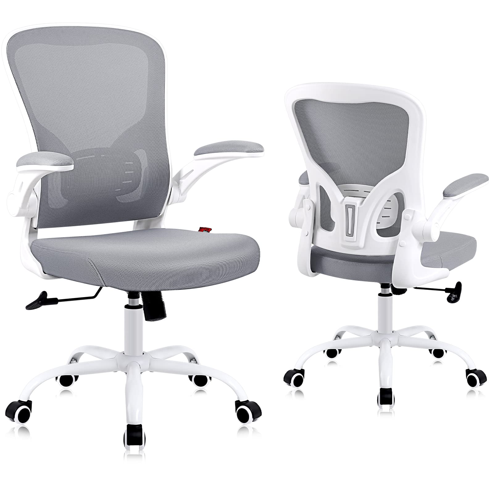 Flysky Ergonomic Office Desk Chair Breathable Mesh Swivel Computer Chair, Lumbar Back Support Task Chair, Office Chairs with Wheels and Flip-up Arms, Adjustable Height (White & Light Grey)
