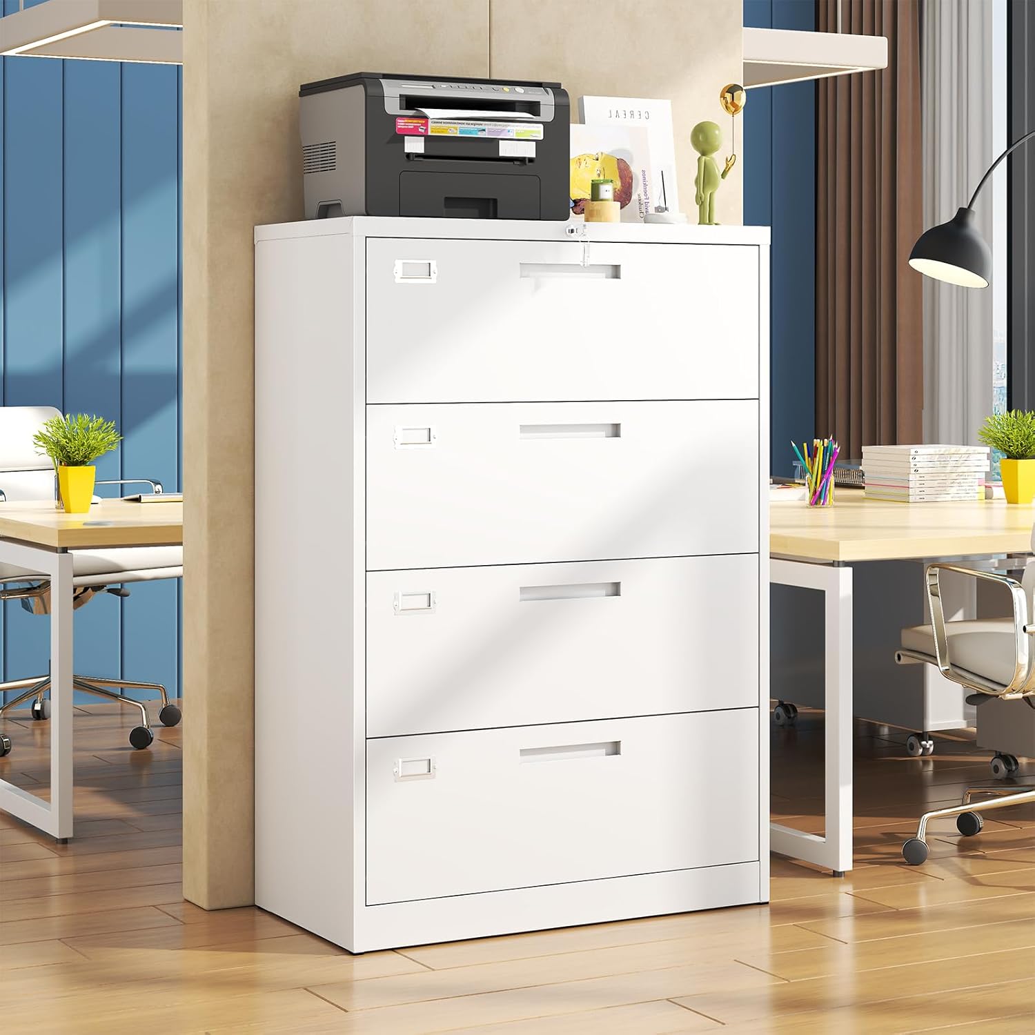 4 Drawer File Cabinet, Locking Lateral Filing Cabinet for Home Office, File Cabinets with Business Card Holder for Letter/Legal/F4/A4 Hanging Files