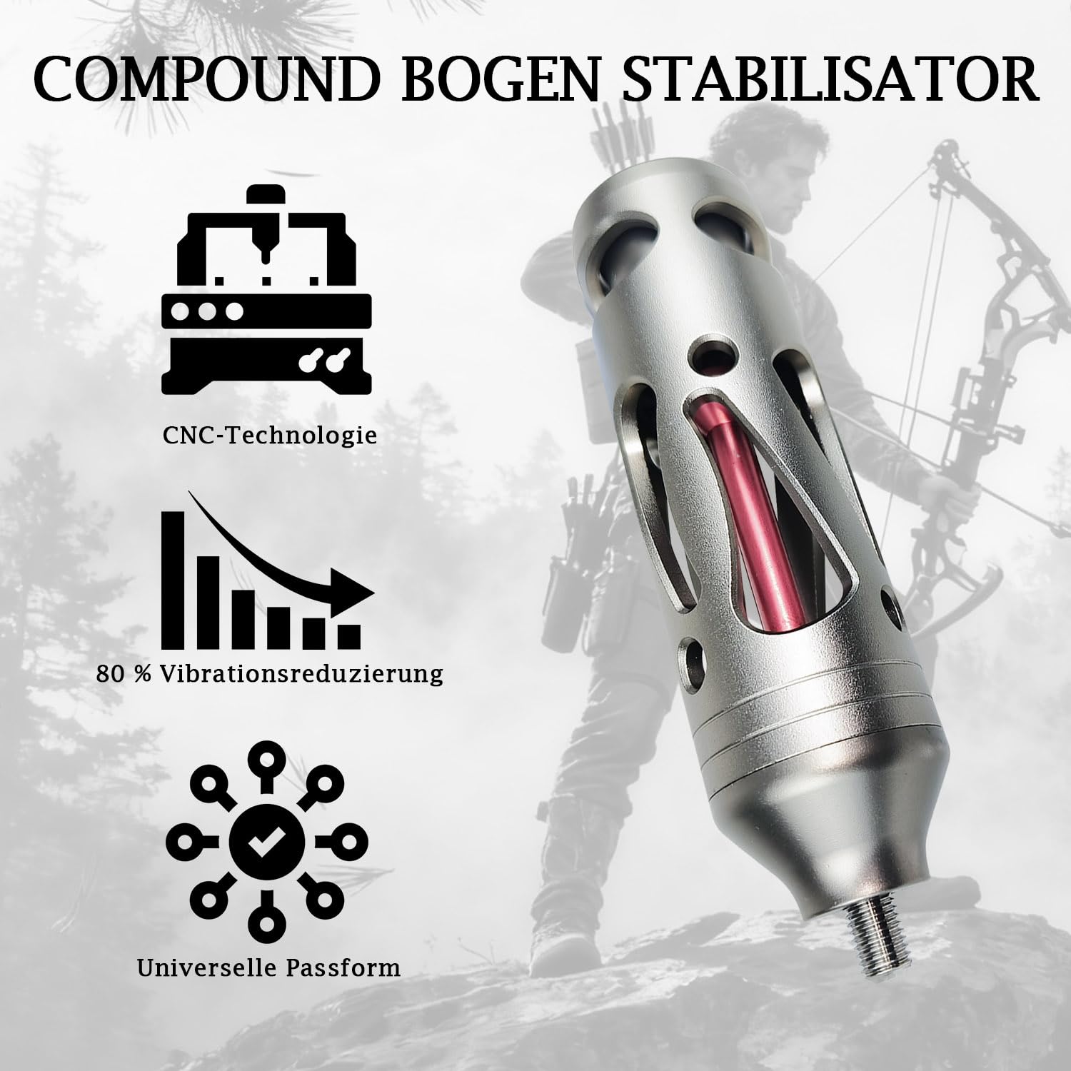 THREE ARCHERS Bogenstabilisator für Compoundbögen – Vibrationsdämpfer für Bogenschießen & Jagd, CNC- Aluminium-Stabilisator Schalldämpfer Schock Absorber Bogen Balance Bar