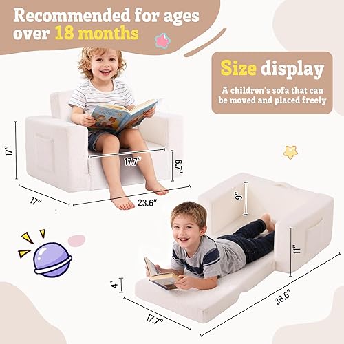 Vista 2 de Welnow Silla para niños pequeños, sofá infantil de sherpa suave 2 en 1, tumbona convertible para niños, sofá plegable para niños con bolsillos