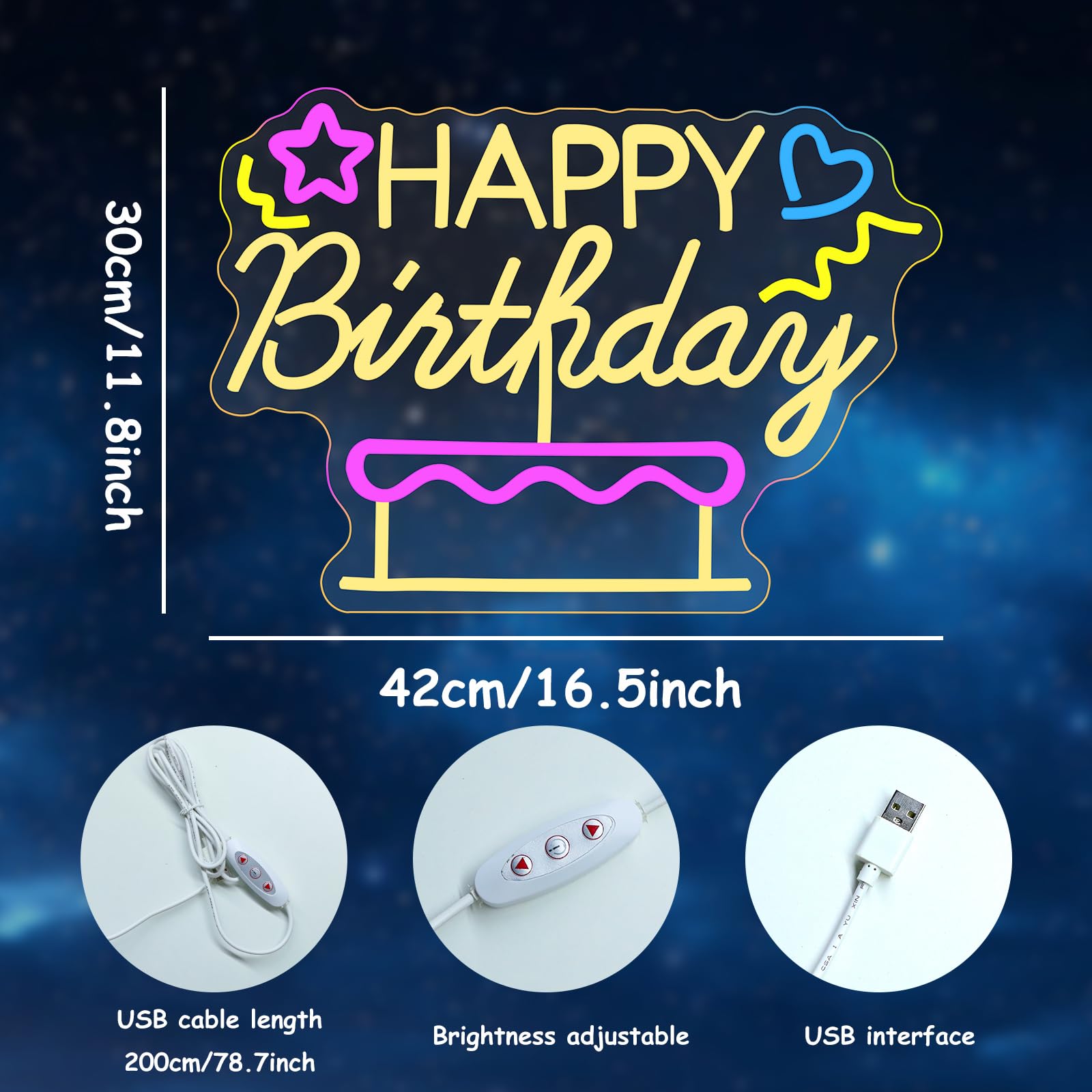 ENUOLI Happy Birthday Neon Sign, Cake Neon Light with Dimmable Switch,USB Powered Happy Birthday+Cake Led Light Up Sign for Backdrop Birthday Party Decoration Wall Decor(16.5â€™â€™Ã—11.8â€™â€™)