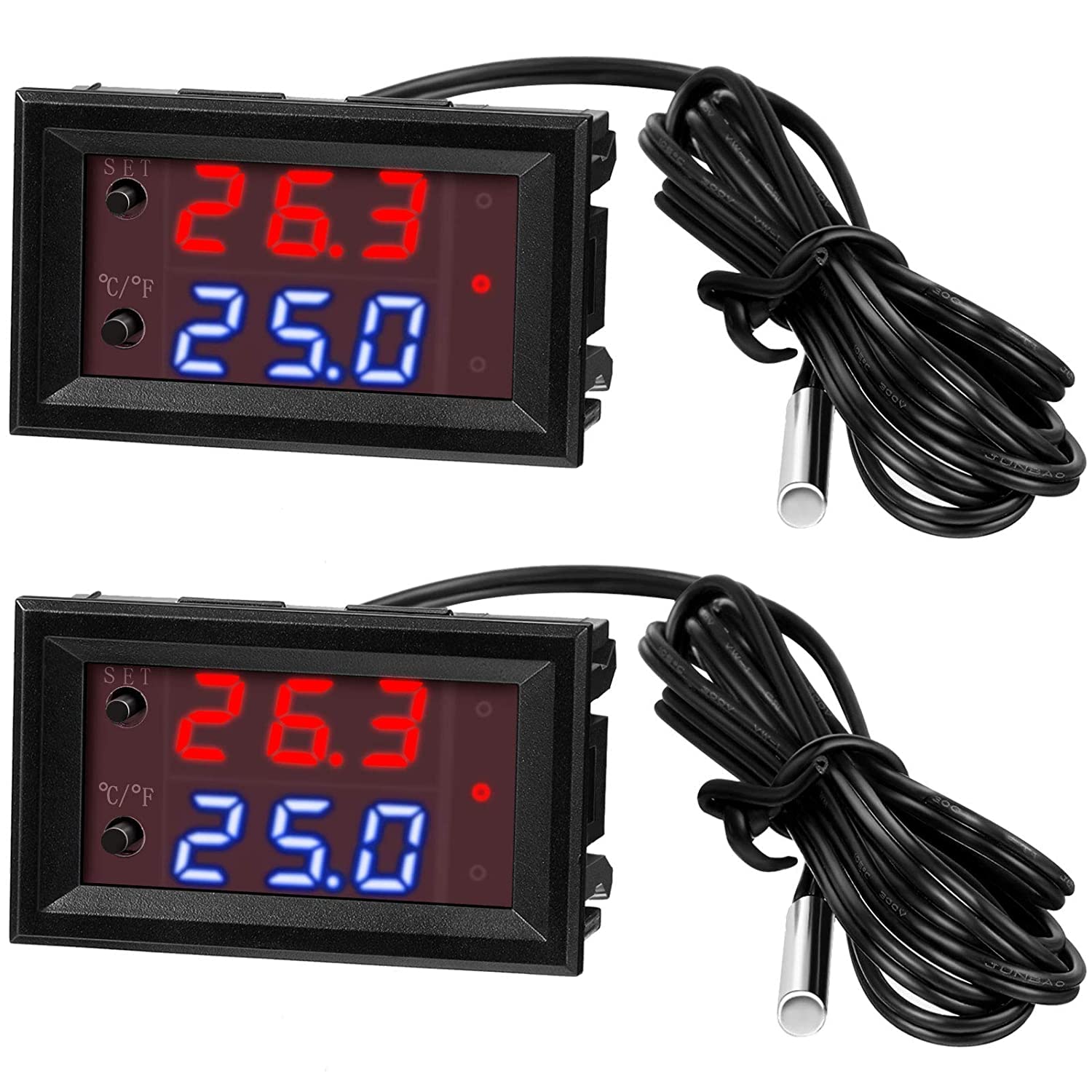 SYOSI 12V Electronic Temperature Controller Programmable -50 to 110 Degree Celsius Heating/Cooling Thermostat Control Switch Module NTC Waterproof Sensor Probe Dual Color LED Display Monitor (2 Pcs)