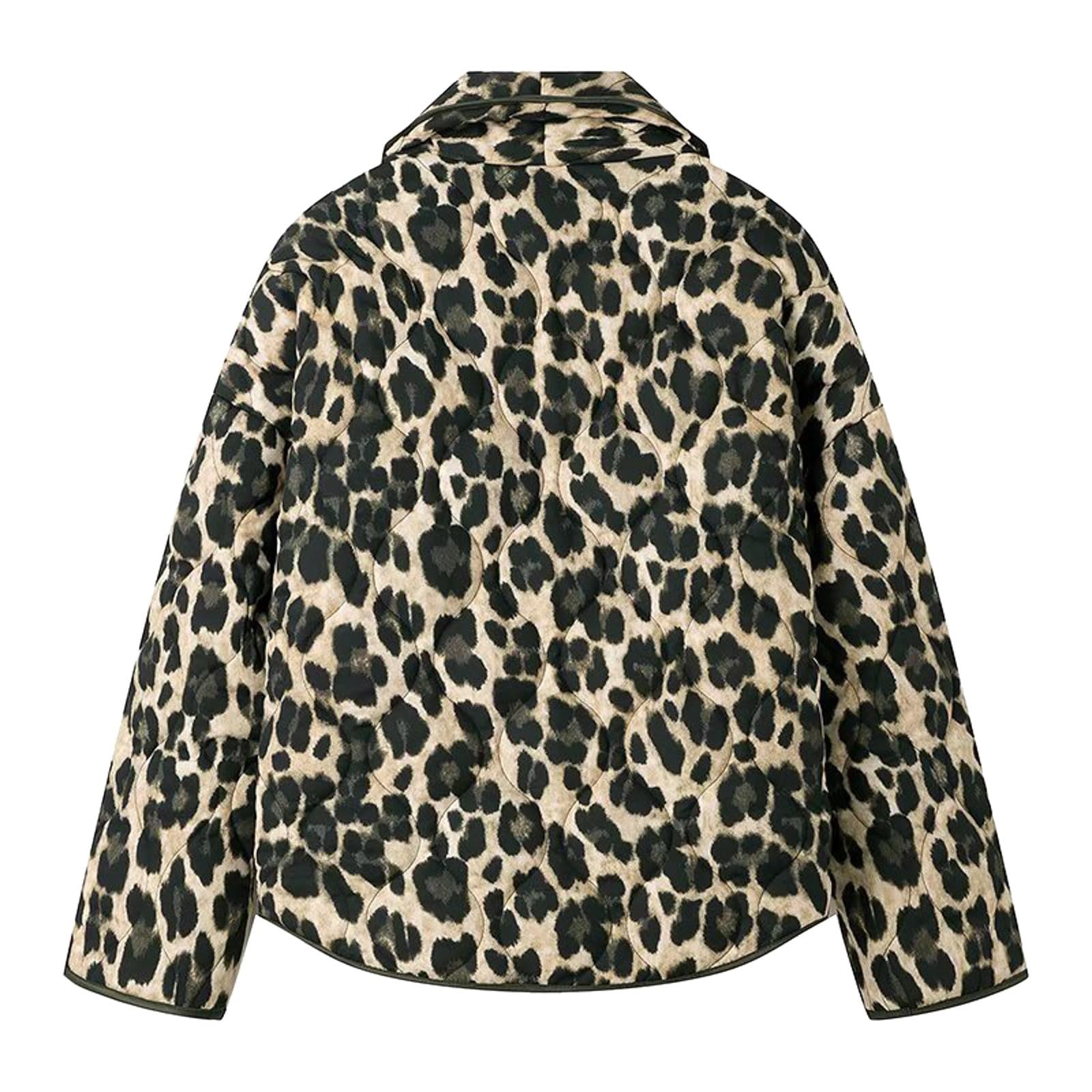 Chaqueta Mujer Abrigo Entretiempo Invierno Cazadora Plumiferos，Chaqueta acolchada ligera para mujer con estampado leopardo diseño plegable corto de manga larga y plumón