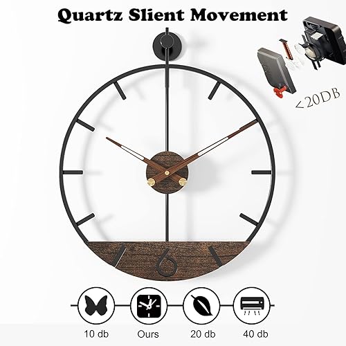 Miniatura 4 de DAYDAYART Reloj de pared moderno con esfera de nogal de madera, gran decoración de pared simple, marco de metal, reloj silencioso sin tictac para