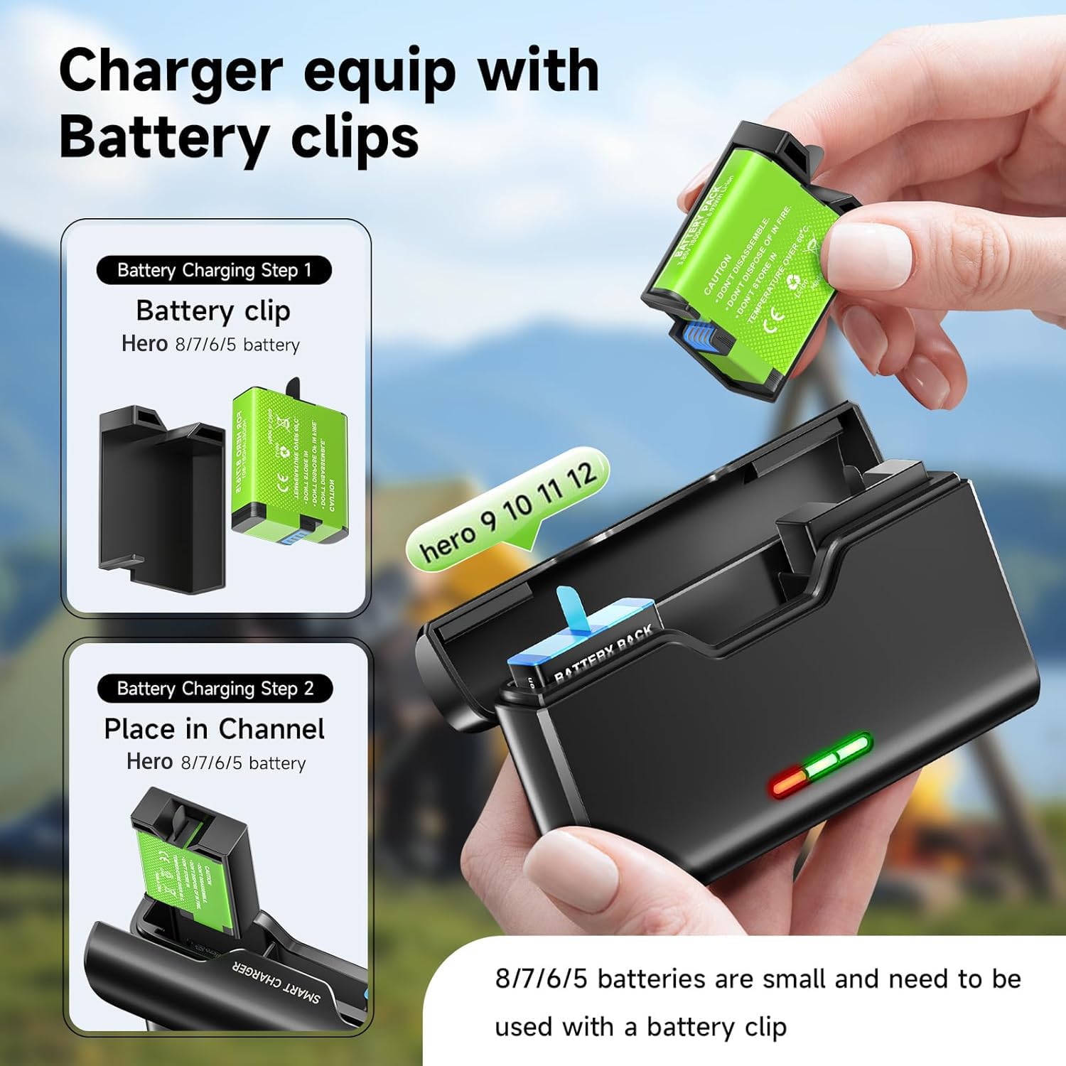 2 batterie per Hero 8/7/6/5 Black e caricatore per Hero 12/11/10/9/8/7/6/5 Black – Caricabatterie con accessori per batteria, ricarica Chnell, bassa temperatura adatta