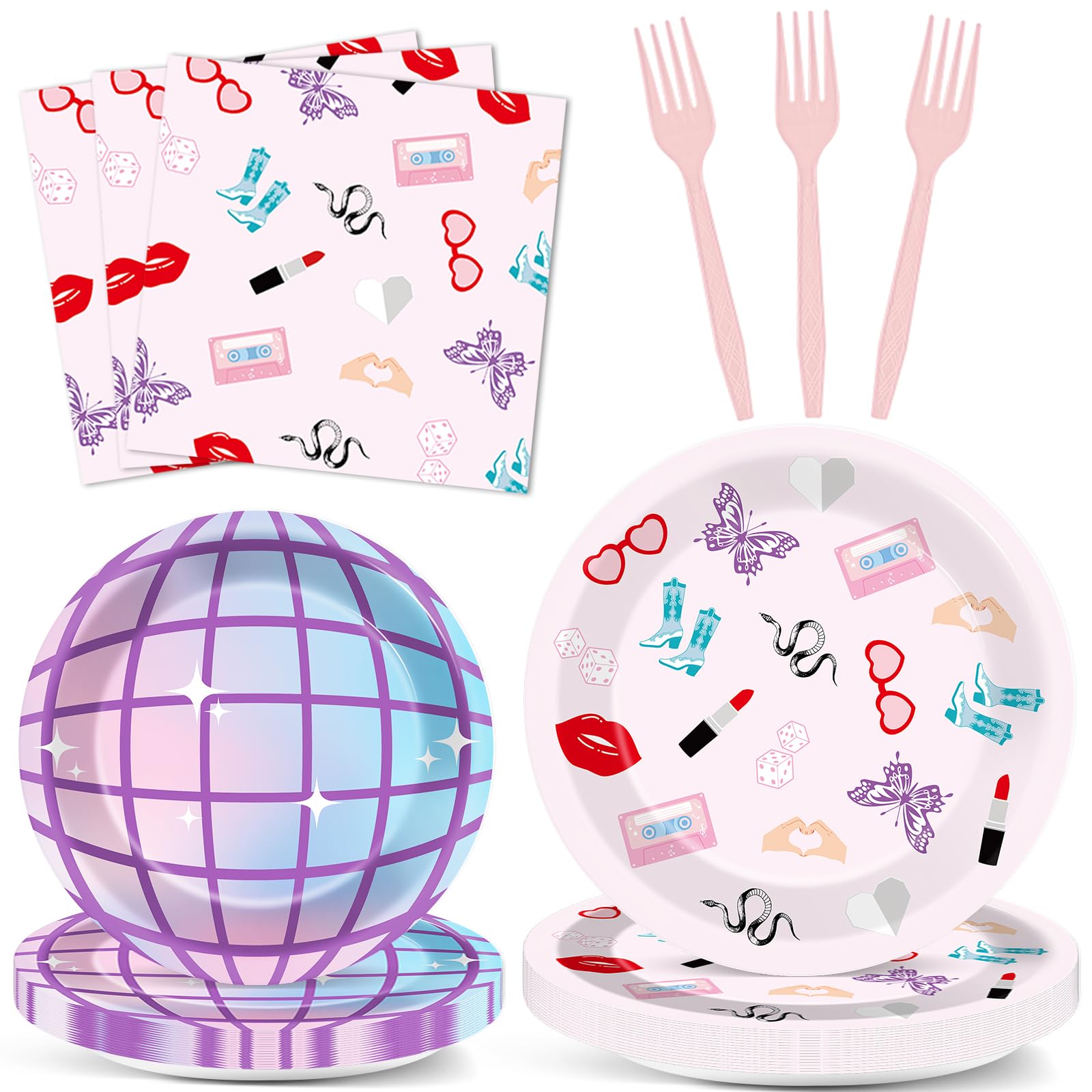 96Pcs Era's Birthday Party Plates and Napkin Women Music Birthday Party Supplies Iridescent Disco Dessert Plates Music Tableware Set for 24 Guest