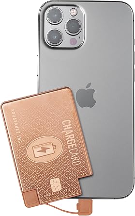 AquaVault ChargeCard Ultra Slim Emergency Power Bank 2300mAh Fits in Wallet USB-C & Micro-USB Durable Steel Body Flight-Safe for iPhone 12-17 & Android - Rose Gold