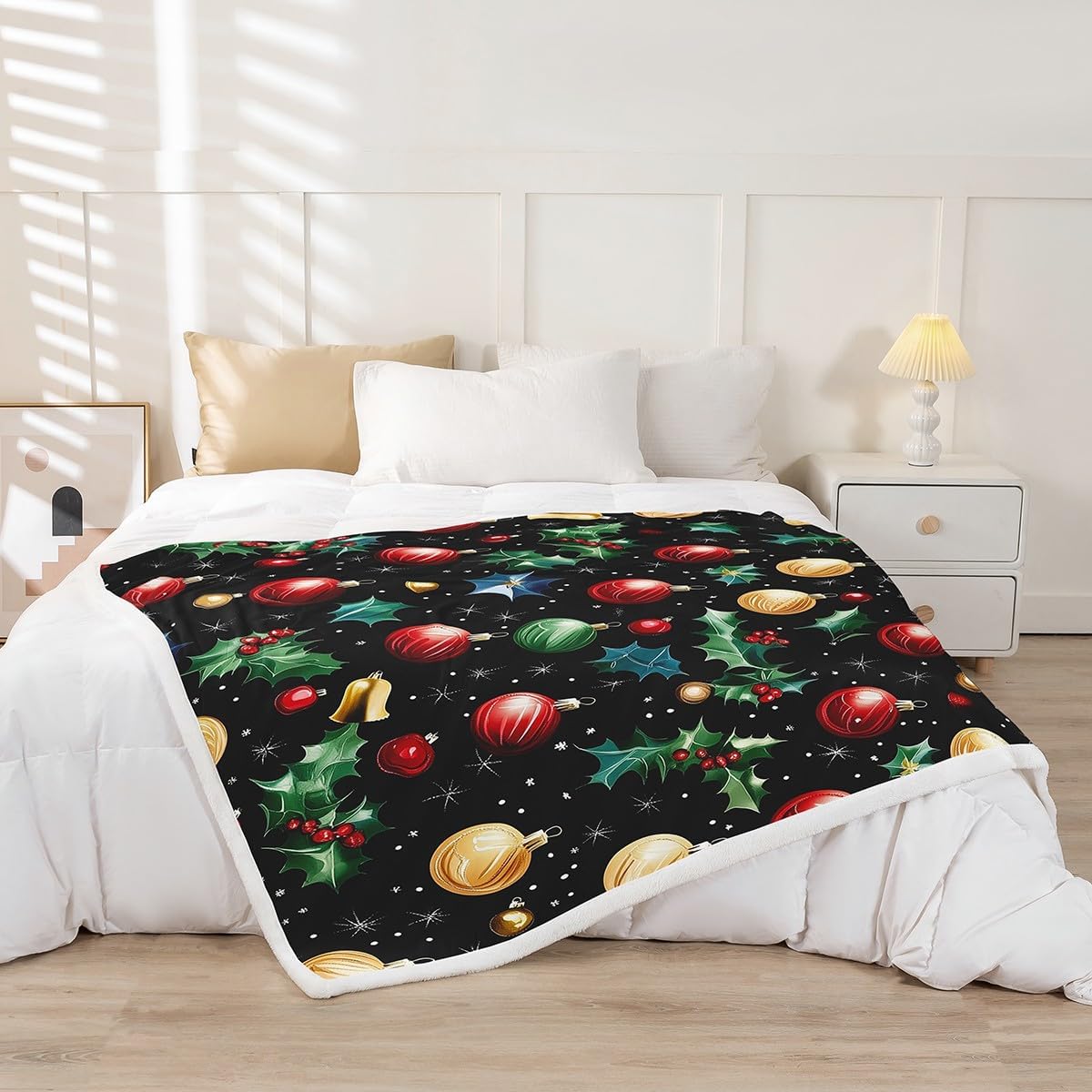 Erosebridal Red Green Yellow Christmas Ball Ornaments Throw Blanket Xmas Poinsettia Flowers Fleece Blanket for Kids Child Boys Girls,Golden Merry Christmas Bell Blanket 90"x90",Christmas Decorations